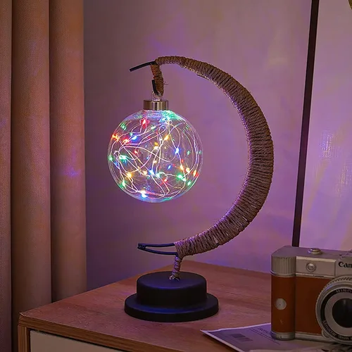 Vista 21 de Lámpara lunar encantada, lámpara LED colgante de luna, luz nocturna conmemorativa, adorno de Navidad para el hogar (manzana morada)