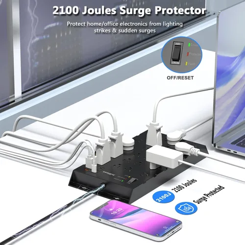 Vista 5 de JcBlaon - 22 salidas y 6 USB Big Power Strip, protector de sobretensiones con 3USB C y 3USB A puertos de carga, cable de extensión de enchufe plano