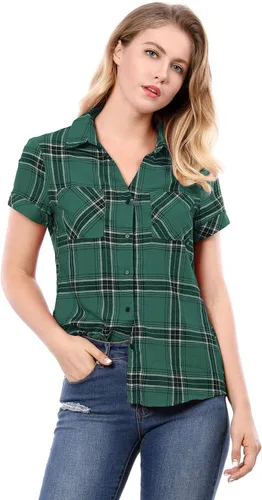 Vista 3 de Allegra K Camisa clásica de algodón a cuadros occidentales con botones para mujer