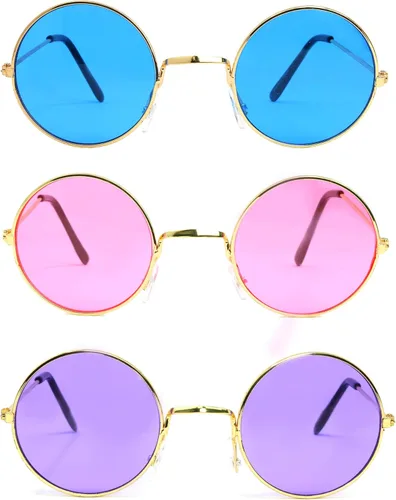 Vista 2 de Skeleteen Gafas de sol redondas hippie tintadas color rosa morado y azul estilo hipster de los años 60 a granel para fiestas 12 pares