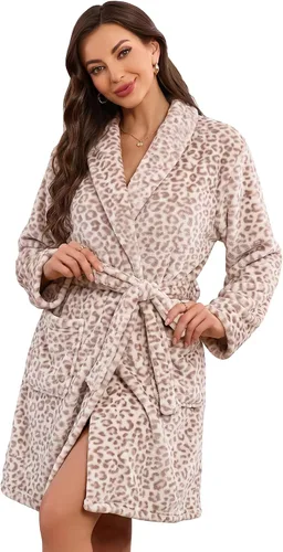 Vista 17 de U2SKIIN - Bata de felpa para mujer, batas cortas y acogedoras de felpa suave para mujer con cuello de chal, bata de spa cálida A-Negro