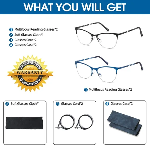 Vista 8 de Gafas de lectura multifocales para mujer, progresivas multifocales, luz azul, lector de computadora, ojo de gato, metal, medio marco, sin línea