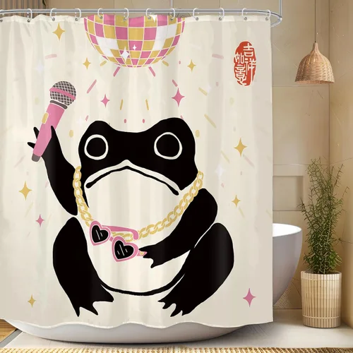 Vista 27 de Juego Divertido de Cortina de Rana Retro para Ducha, Juego de Baño 48x71 Pulgadas, Estilo Asiático Lindo, Arte Japonés Tradicional de Pato de Goma