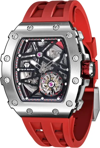 Vista 12 de Tsar Bomba Men's Automatic Watch Tonneau Luxury Skeleton Watch for Men Mechanical 50M Waterproof Wristwatch Gift for Men 08tc-whi