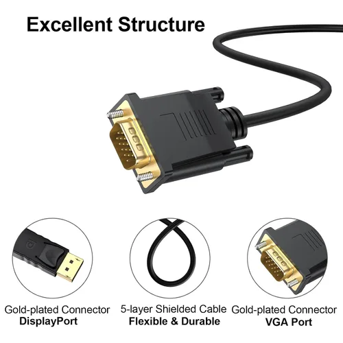 Vista 7 de Paquete de 2 cables DisplayPort a VGA de 6 pies, cable de video macho a macho de 1080 P@60 Hz Unidireccional, sin audio, diseño multiblindado