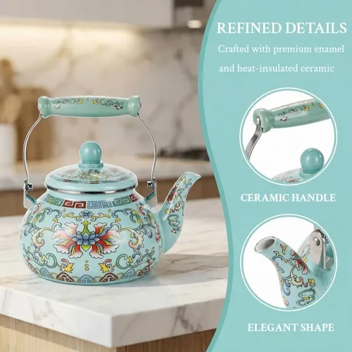 Vista 3 de Pumtus Hervidor de té esmaltado floral de 2.6 cuartos de galón, tetera esmaltada vintage, olla de café esmaltada en acero con mango de cerámica