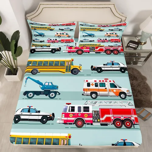 Vista 16 de Juego de sábanas bajeras ajustables para niños, diseño de caricaturas, camiones, tamaño individual, juegos de ropa de cama de excavadoras, camiones
