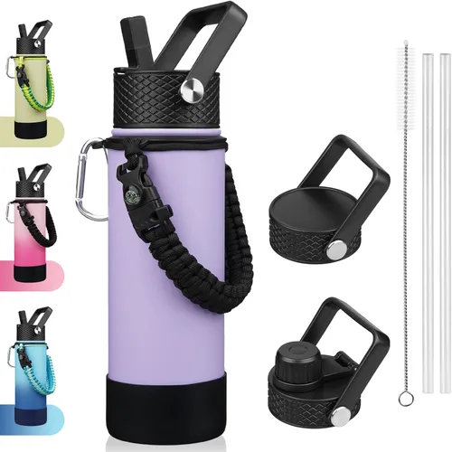 Vista 20 de BJPKPK - Botella de agua con tapa de popote, botellas de agua aisladas de 18 onzas con 3 tapas, asa de cuerda de paracaídas y base antideslizante