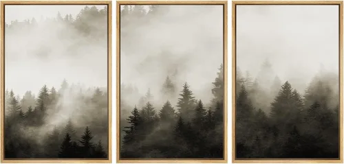 Vista 31 de SIGNWIN Lienzo enmarcado para pared, juego de decoración de guardería de bosques, niebla y niebla sobre bosque de montaña oscura, naturaleza, arte