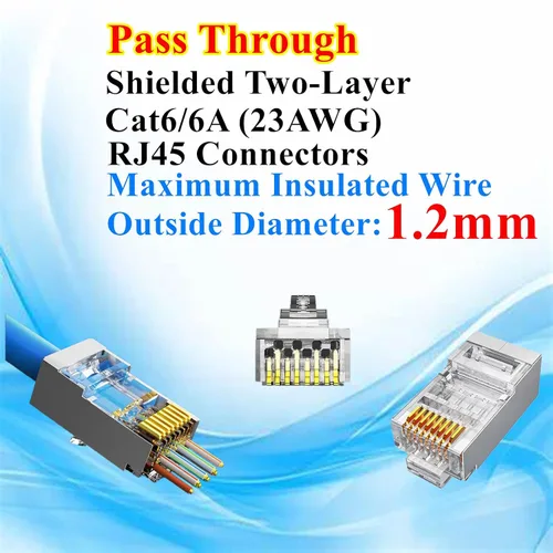 Vista 7 de Gaobige 100-Pack de conectores de paso RJ45 Cat6 Cat6A, conectores blindados de 1.2mm para cable sólido de 23AWG y cable estándar