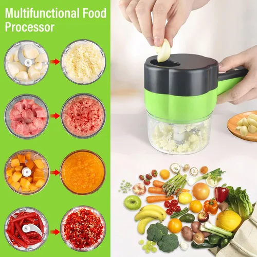 Vista 2 de Juego de cortador de verduras eléctrico 4 en 1 portátil, recargable, procesador de alimentos y picadora inalámbrica para mezclar alimentos