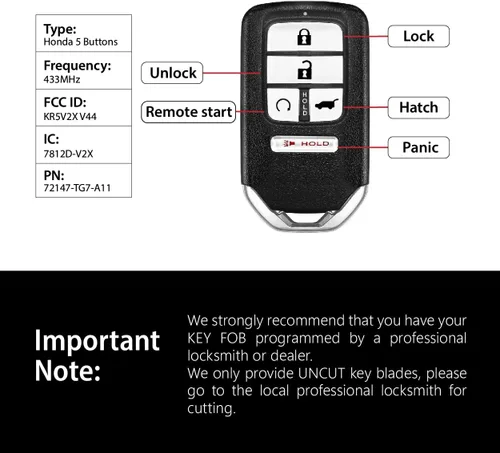 Vista 3 de Repuesto para Honda Pilot CR-V EX-L Elite Touring 2017 2018 2019 2020 Control remoto KR5V2X V44 5 botones 433MHz