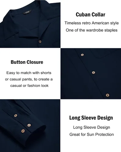 Vista 5 de COOFANDY Camisas de algodón y lino para hombre, de manga larga, casuales, con botones, para la playa