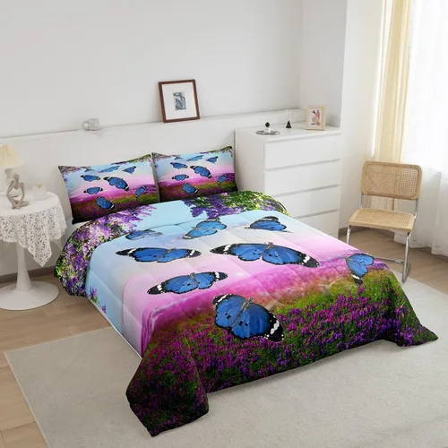 Vista 2 de Juego de ropa de cama de mariposa azul para adultos, mujeres y niñas, juego de edredón con estampado de lavanda morado, tamaño individual, diseño