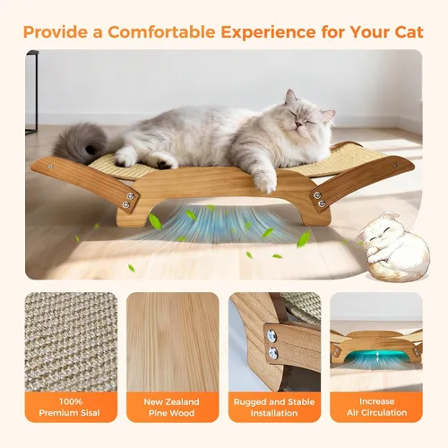 Vista 5 de Cama rascador de sisal 3 en 1 extra grande para gatos, almohadilla rascador de 26 pulgadas para gatos grandes, sisal natural con marco de madera