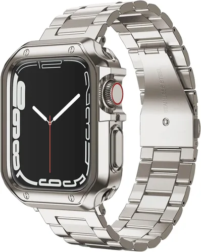 Vista 14 de Compatible con Apple Watch Banda y Estuche, Cadena de Metal de Acero Inoxidable con Cubierta de TPU, Correa de Pulsera de Eslabones
