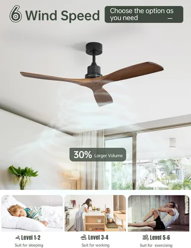 Vista 5 de Sofucor - Ventilador de techo inteligente de 52 pulgadas sin luz - Ventilador de techo moderno de madera maciza para exteriores con 3 aspas sin luz