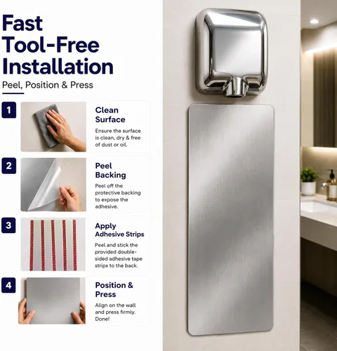 Vista 4 de 5Seconds - Protector de pared para secador de manos, protector contra salpicaduras de pared de acero inoxidable con tiras de cinta adhesiva Gris