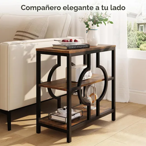 Vista 5 de Mesa auxiliar, mesa auxiliar estrecha con estantes de almacenamiento de 3 niveles, mesa auxiliar de sofá de madera con marco de metal geométrico