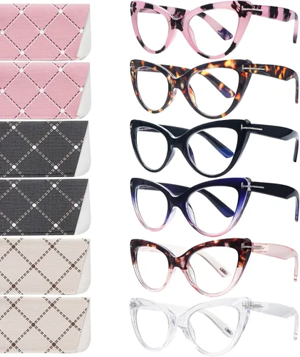 Vista 11 de Pack de 6 gafas de moda de ojo de gato para mujer con bloqueo de luz azul, bisagras de resorte extra grandes, lentes para computadora