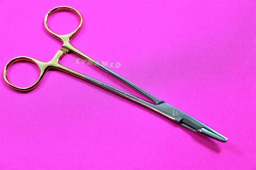 Vista 8 de 1 portaagujas alemán premium de 5.5 pulgadas 5.5 in con serraje OLSEN HEGAR CON ANILLOS OROS, INSTRUMENTOS VETERINARIOS INOXIDABLES CYNAMED