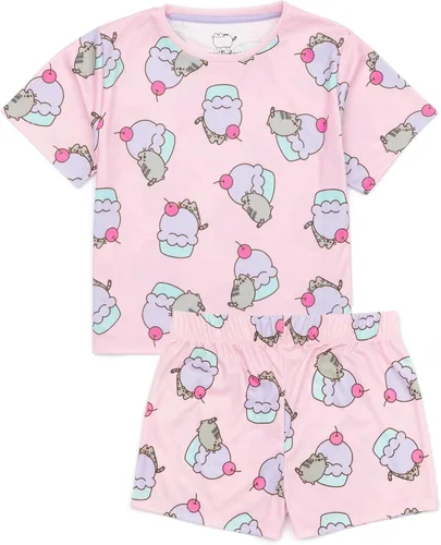 Vista 3 de Pusheen Conjunto de pijama para niñas de 2 unidades Camiseta de manga corta azul y rosa para niños y pantalones cortos Lindo pijama de gato