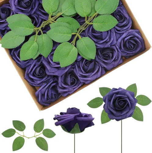 Vista 22 de 25 rosas realistas negras, flores artificiales de espuma de látex con tallos flexibles y 8 hojas para decoración de bodas, hogar y fiestas Negro