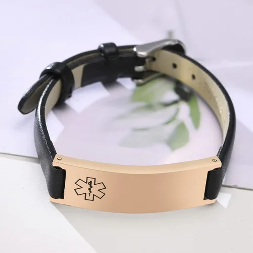 Vista 45 de MPRAINBOW Pulsera de alerta médica personalizada para mujer, correa de reloj de cuero genuino, grabado de doble cara, diabetes, epilepsia, joyería