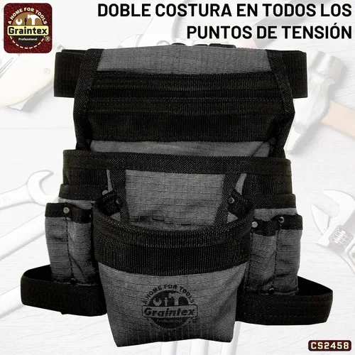 Vista 4 de Graintex Bolsa de herramientas de lona para acabado de 10 bolsillos Negro Cinturón de correa de 2' Bolsa de herramientas de lona duradera