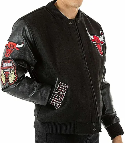 Vista 3 de La-Mejor Chicago Bomber Letterman Baseball Varsity Black & Red Bull Chaqueta de lana con piel sintética y cuero para hombre