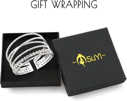 Vista 7 de Suyi Pulsera de diamantes de imitación para mujer, pulsera de plata multicapa, pulseras trenzadas Craystal