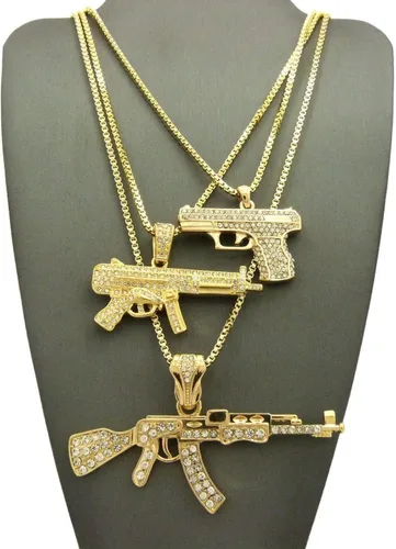 Vista 2 de Mens Iced Out ametralladora AK47Chopper, arma Uzi, pistola de mano, caja colgante, cuerda, cadena cubana, set de 3 collares con dije