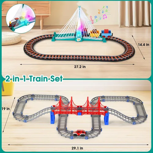 Vista 6 de Juego de Pistas de Tren Eléctrico DIY 2 en 1 para Niños de 4-8 Años, Juego de Pistas de Tren y Autos, Puente con Luces y Tren con Sonido, Accesorios