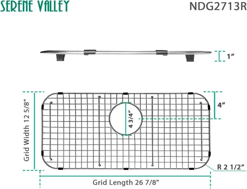 Vista 2 de Serene Valley Rejilla inferior del fregadero 26-7/8" x 12-5/8", drenaje trasero con radio de esquina 2-1/2", protector de fregadero NDG2713R