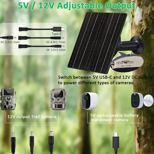Vista 4 de FUTUREZEN Panel solar para cámara de sendero, cargador de batería solar de 10 W con batería de 10400 mAh, salida ajustable de 5 V/12 V, enchufes