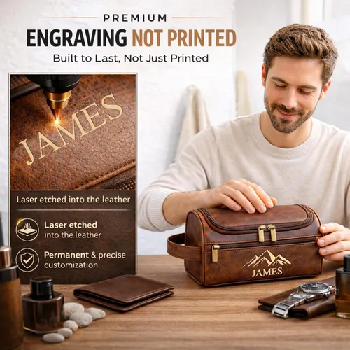 Vista 2 de Personalized Toiletry Bag for Men, Engraved Hanging Dopp Kit Negro