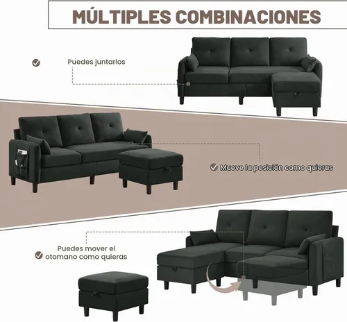 Vista 6 de Sofá modular convertible, pequeño en forma de L de 3 asientos con diván de almacenamiento reversible, sofá moderno de tela de poliéster para sala
