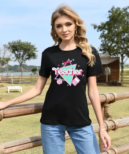 Vista 3 de Camisetas para profesores de ABCD para mujer, camiseta de manga corta para B-Negro