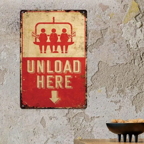 Vista 5 de Letrero de metal retro con texto en inglés «Unload Here», letrero de aluminio para decoración de pared, 10 x 14 pulgadas, decoración de esquí