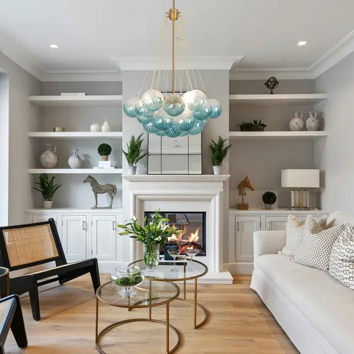 Vista 2 de Candelabro de cristal con forma de bola de burbujas, lámpara colgante moderna nórdica para comedor con pantalla de vidrio azul degradado, globos