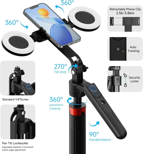 Vista 5 de Trípode de seguimiento automático de cara de 70 pulgadas para iPhone, rotación 360 de viaje, soporte para selfie con control remoto, control