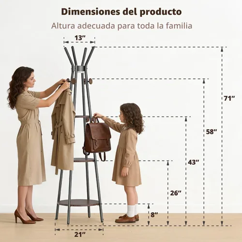 Vista 6 de young master Perchero, Perchero independiente con 3 estantes y 12 ganchos, Árbol perchero con luz con sensor de movimiento para entrada, sala
