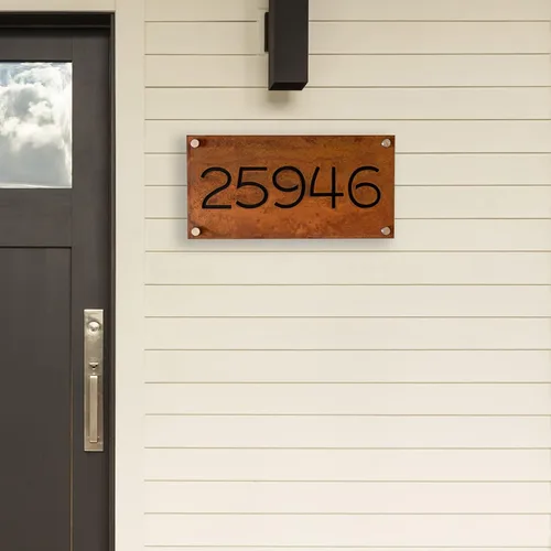 Vista 5 de Placa de números de casa de hierro oxidado con dirección, placa de dirección, números de casa para exteriores modernos