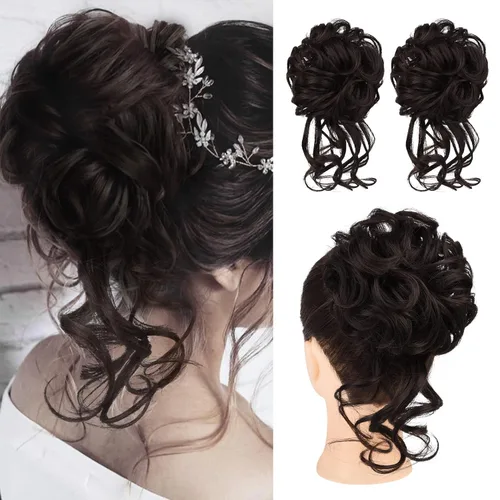 Vista 37 de HOOJIH 2 piezas de extensiones de cabello estilo moño despeinado, extensiones de cabello rizado y ondulado con tiras, cola de caballo, horquillas