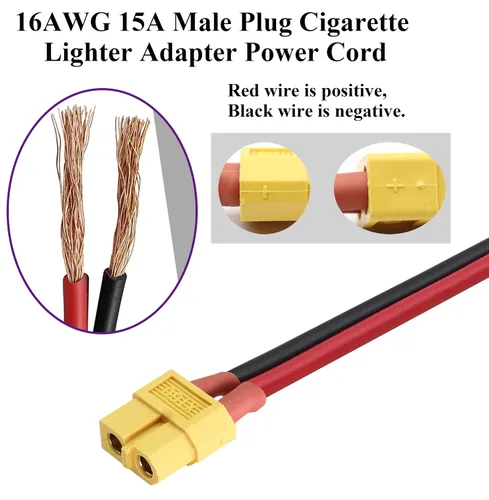 Vista 8 de Paquete de 2 cables 16AWG XT60 a encendedor de cigarrillos, enchufe macho de 12 V a XT60 hembra, cable de extensión compatible con cable de carga
