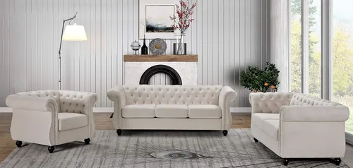 Vista 48 de Container Furniture Direct Feinstein - Sofá Chesterfield de terciopelo moderno para sala de estar con cabezas de clavos, acolchado de diamante