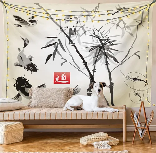 Vista 8 de Ambesonne Tapiz japonés, diseño tradicional japonés de jardín, meditación de bosque de vida silvestre, origami, colgante de pared para dormitorio