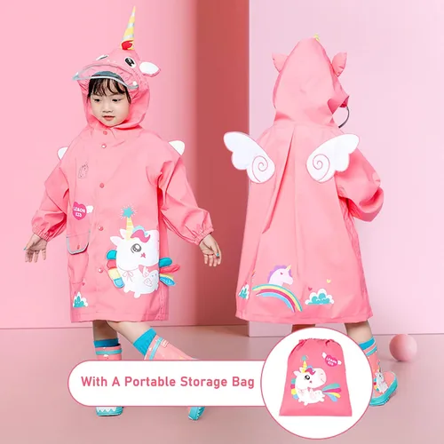 Vista 2 de Fewlby Chubasquero para niños y niñas, poncho de lluvia Waterpoof, chaqueta de lluvia para niños, ropa impermeable de dibujos animados de 4 a 6 años