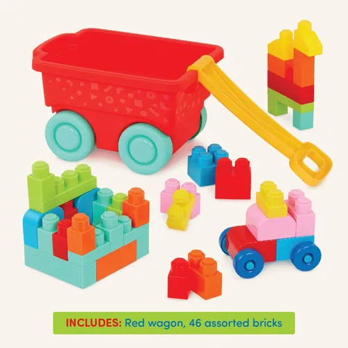 Vista 6 de Battat Bloques de construcción, Locbloc Red Builder's Wagon, 47 piezas, set