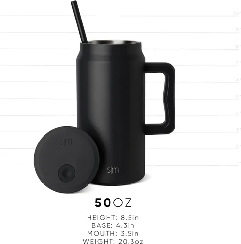 Vista 6 de Simple Modern - Vaso de 1,5 l con asa y tapa con pajita, botella de agua grande de acero inoxidable reutilizable con aislamiento, regalos para Negro